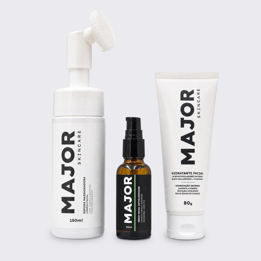 Kit Antioleosidade MAJOR - Espuma Massageadora, Sérum Antioleosidade e Hidratante Facial