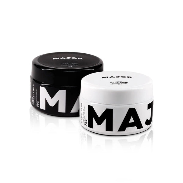 Kit com 2 pomadas modeladoras Major para cabelo masculino, efeito matte seco e efeito úmido, acabamento profissional e alta fixação.