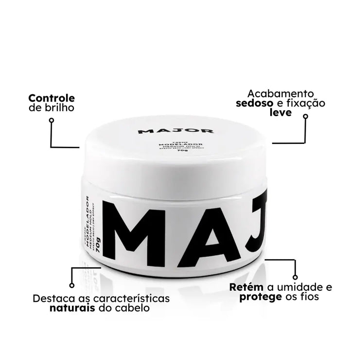 Pomada efeito matte Major em destaque, com benefícios como controle de brilho, fixação leve e proteção dos fios.
