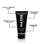 Esfoliante facial Major Skincare 60g com destaques dos benefícios: acalma e refresca a pele, purifica e remove impurezas, revitalização completa e renovação celular