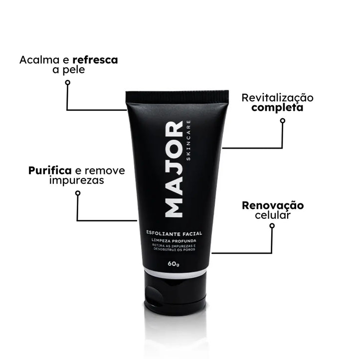 Esfoliante facial Major Skincare 60g com destaques dos benefícios: acalma e refresca a pele, purifica e remove impurezas, revitalização completa e renovação celular