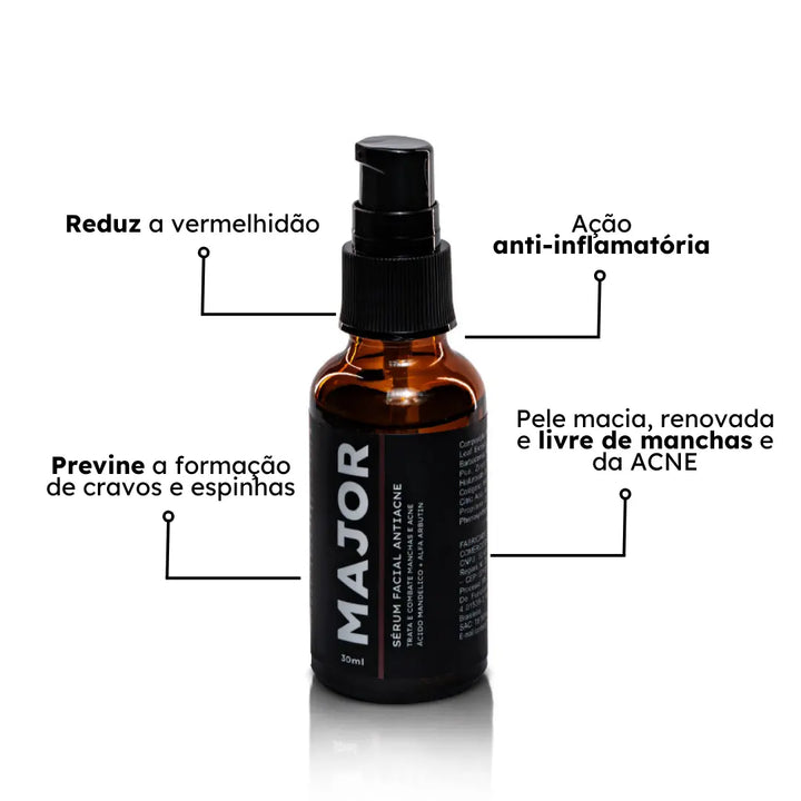 Frasco de sérum Major em fundo branco, com textos destacando benefícios como ação anti-inflamatória, redução da vermelhidão e prevenção da acne.