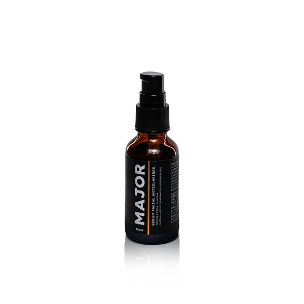 Sérum facial anti-olheiras Major Skincare frasco 30ml vidro âmbar com pump preto